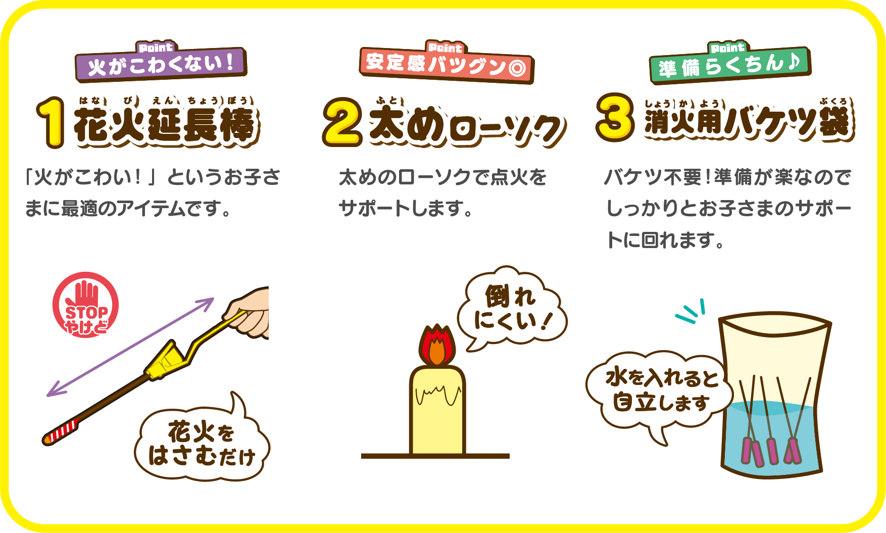 花火安全グッズの紹介と火の取り扱い方法を説明したイラスト。火の長棒、ロウソク、バケツの使用例を示す。.