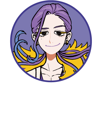 紫色の髪と黄色の花火の髪飾りを持つキャラクターのイラスト。優雅で魅力的な表情を見せる女性キャラクター。.